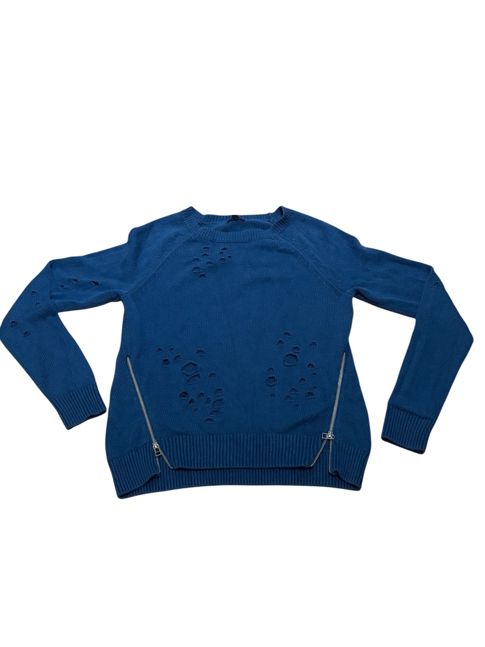 Express‎ Blue Distressed Crewneck Sweater with Side Zipper And Holes, Size XS